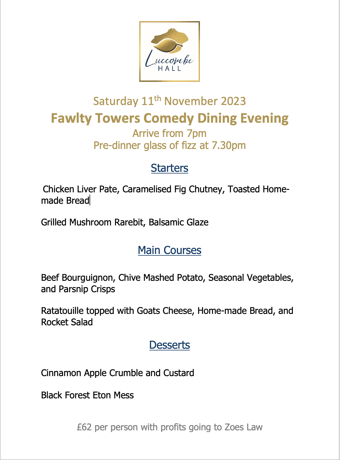 Fawtly Towers Comedy Dinikng, Dinner Menu, Luccombe Hall Hotel, Isle of Wight